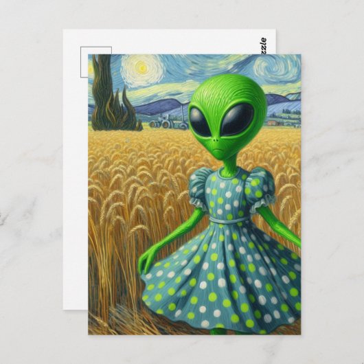 Grüne Alien in einem Weizenfeld Postkarte (Vorne/Hinten)