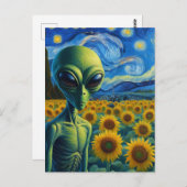 Grüne Alien in Imitaten Van Gogh Sonnenblumen-Feld Postkarte (Vorne/Hinten)