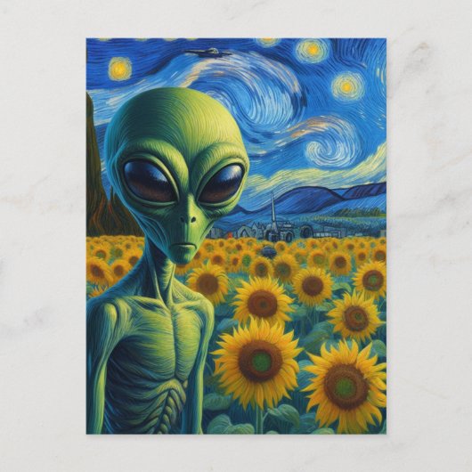 Grüne Alien in Imitaten Van Gogh Sonnenblumen-Feld Postkarte (Vorderseite)