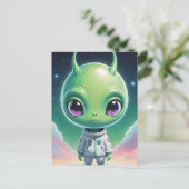 Grüne Alien mit Hörnern Postkarte (Stehend Vorderseite)