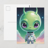 Grüne Alien mit Hörnern Postkarte (Vorne/Hinten)