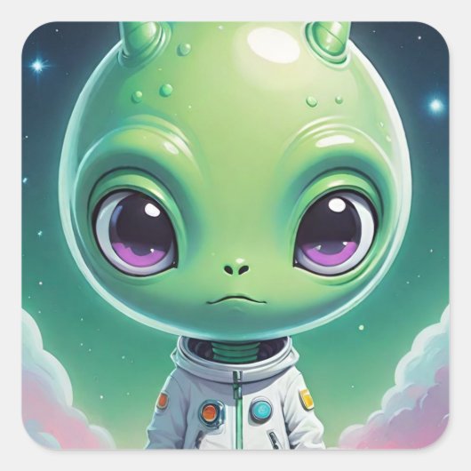 Grüne Alien mit Hörnern Quadratischer Aufkleber (Vorderseite)