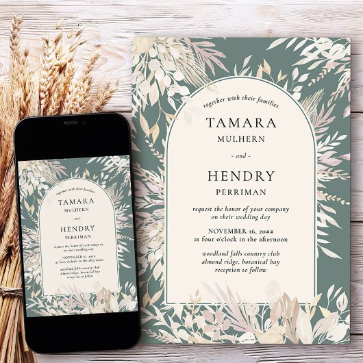 Grüne Almond-Hochzeit des Botanischen Gerahmten Bo Einladung