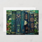 Grüne alte Bücher und Blüten Postkarte (Vorne/Hinten)