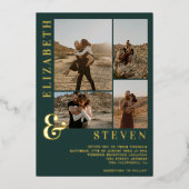 Grüne Ampere und 4 Foto Gitter Hochzeitsgoldfolie Folieneinladung (Vorderseite)