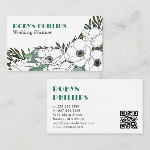 Grüne Anemonen Retro Schriftart QR Code Visitenkarte