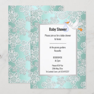 GRÜNE AQUA-SPIZEN-DETAIL WEIßER STORCH BABY-SHOWER EINLADUNG