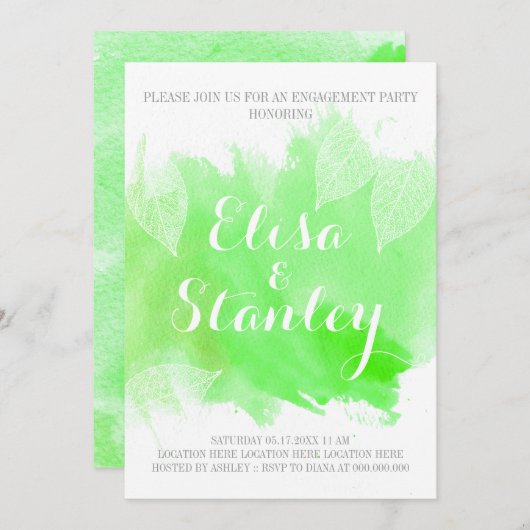 Grüne Aquarell & Blätter Hochzeitsfeier Einladung (Vorne/Hinten)
