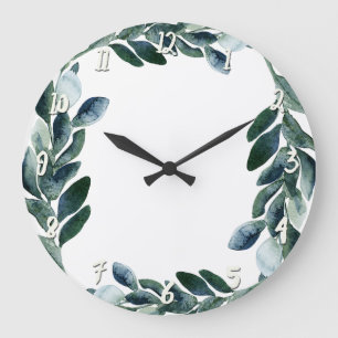 Grüne Aquarell-Grünpflanzen Blätter Botanisch Rust Große Wanduhr