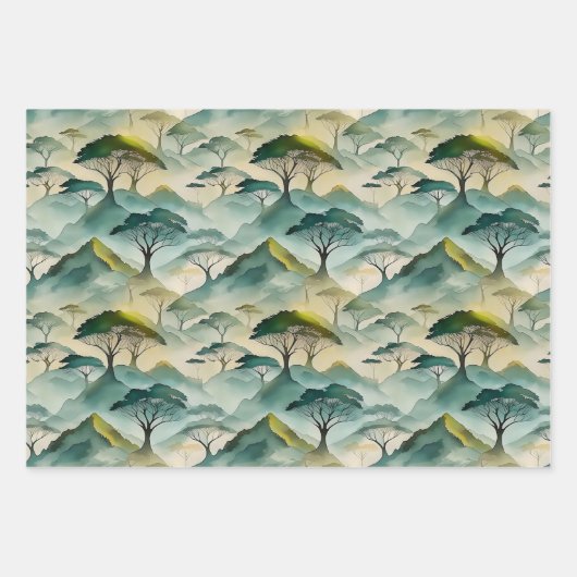 Grüne Aquarellbäume und hügelige Landschaft Geschenkpapier Set (Vorderseite 3)