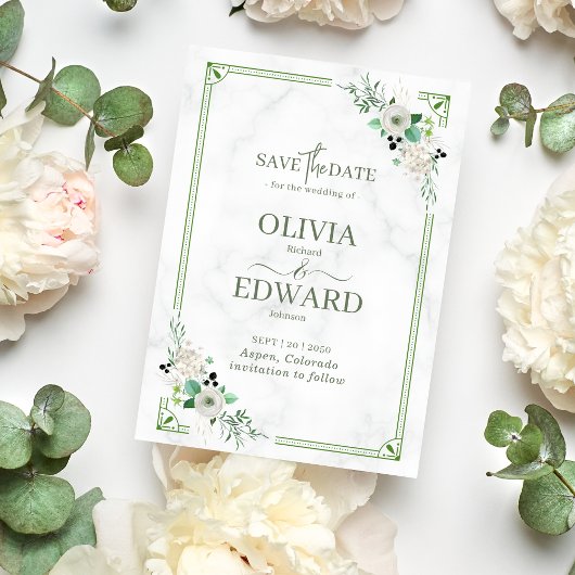 Grüne Aquarellblüte mit Marmorhochzeit Save The Date