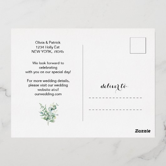 Grüne Aquarelleukalyptus mit Foto-Folie f Folie Einladungspostkarte (Rückseite)