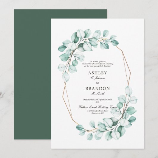 Grüne Aquarellfarbe Geometrische Hochzeit Einladung (Vorne/Hinten)
