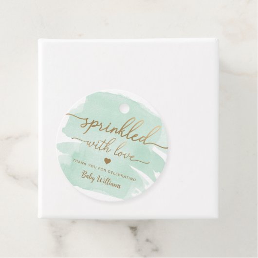 Grüne Aquarellfarbe mit Liebe-Kinderdusche Geschenkanhänger (Beispiel)