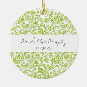 Grüne Aquarellfarben Art Wedelname DATE Keepake Keramik Ornament