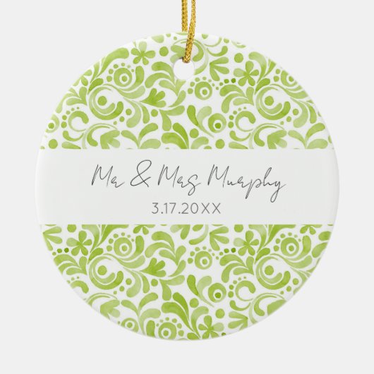 Grüne Aquarellfarben Art Wedelname DATE Keepake Keramik Ornament (Vorne)