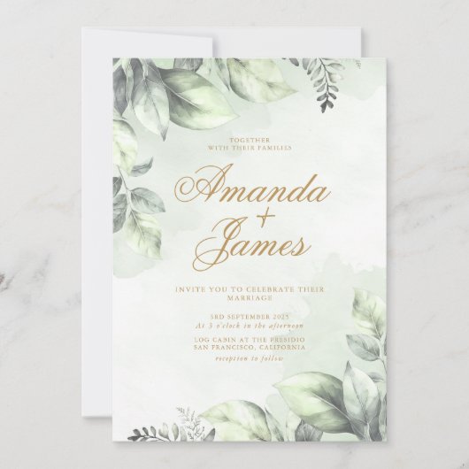 Grüne Aquarellfarben Blätter Hochzeitsfeiern Einladung (Vorderseite)