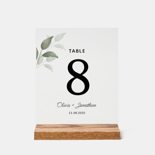 Grüne Aquarellfarben Blätter Hochzeitstisch Platzk Acrylschild (Vorderseite)