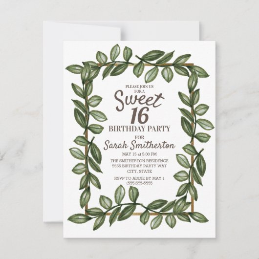 Grüne Aquarellfarben Blätter Weißer Goldsüß 16 Einladung (Vorderseite)