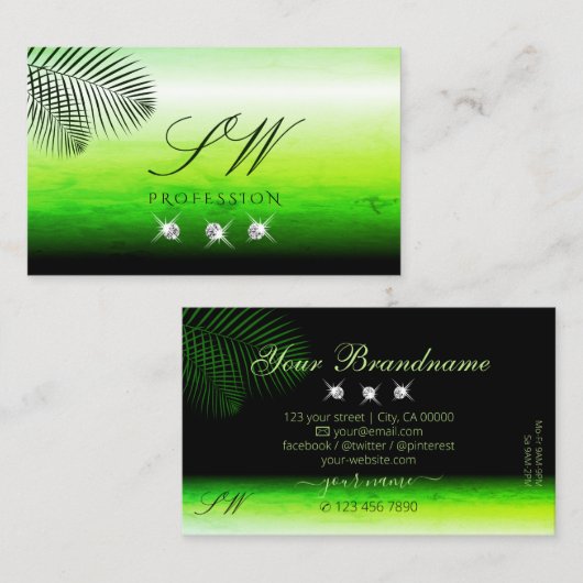 Grüne Aquarellfarben Palm Blätter Diamonds Monogra Visitenkarte (Vorne/Hinten)