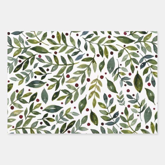 Grüne Aquarellfarben Saisonzweige und Beeren Geschenkpapier Set (Vorderseite 3)