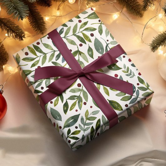 Grüne Aquarellfarben Saisonzweige und Beeren Geschenkpapier Set