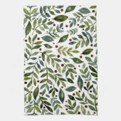 Grüne Aquarellfarben Saisonzweige und Beeren Geschirrtuch (Vertikal)