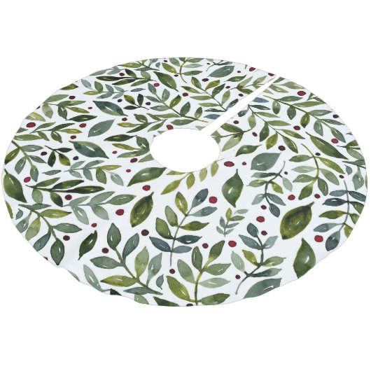 Grüne Aquarellfarben Saisonzweige und Beeren Polyester Weihnachtsbaumdecke (Schrägansicht)