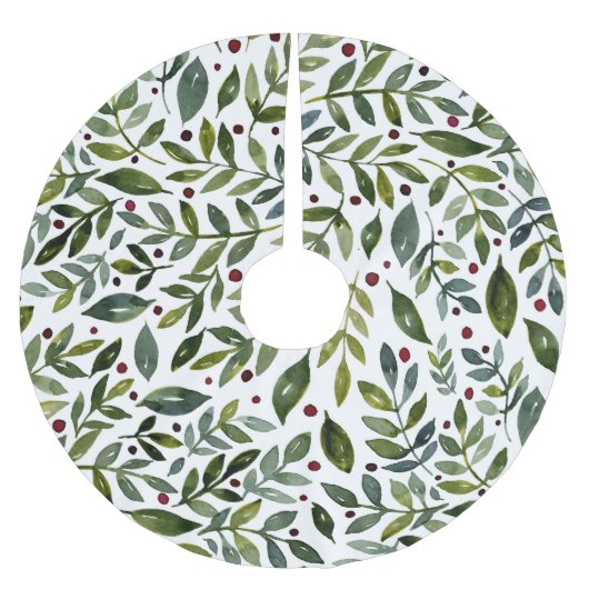 Grüne Aquarellfarben Saisonzweige und Beeren Polyester Weihnachtsbaumdecke (Vorderseite)