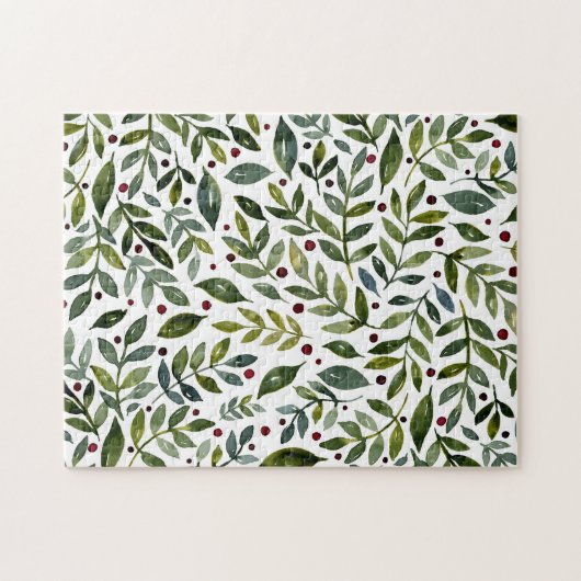 Grüne Aquarellfarben Saisonzweige und Beeren Puzzle (Horizontal)