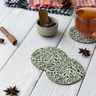 Grüne Aquarellfarben Saisonzweige und Beeren Runder Pappuntersetzer