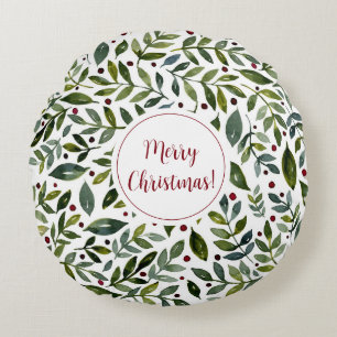 Grüne Aquarellfarben Saisonzweige und Beeren Rundes Kissen