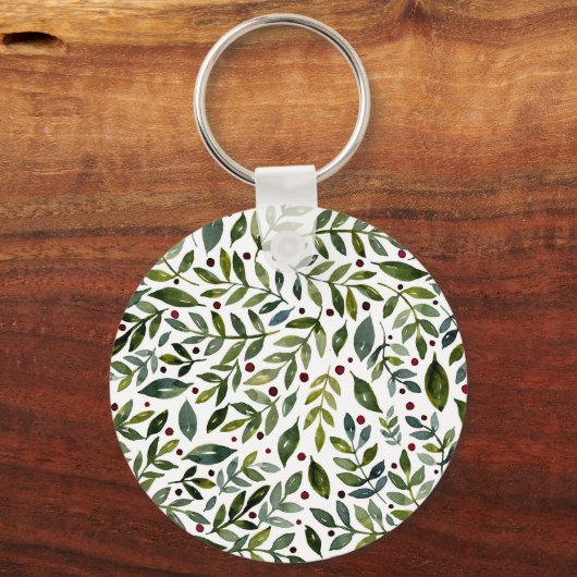 Grüne Aquarellfarben Saisonzweige und Beeren Schlüsselanhänger (Rückseite)