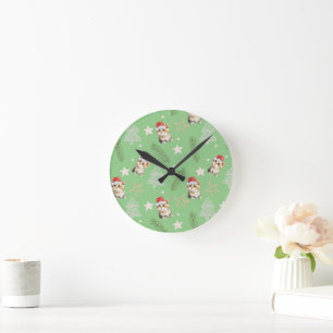 Grüne Aquarellkatze Weihnachten Weihnachten Runde Wanduhr