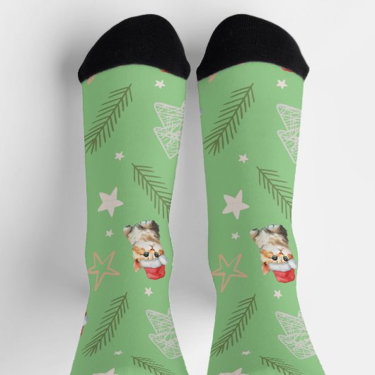 Grüne Aquarellkatze Weihnachten Weihnachten Socken (Oben)