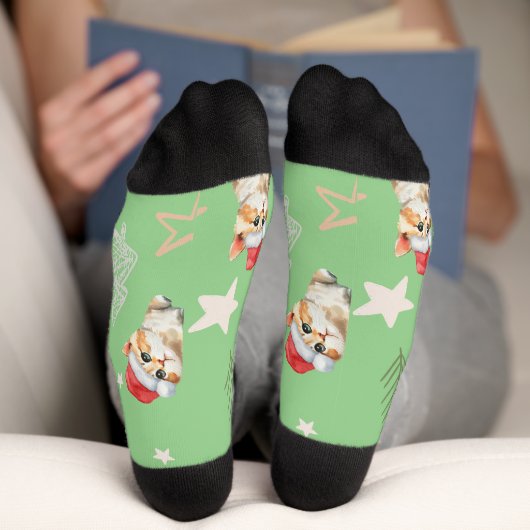 Grüne Aquarellkatze Weihnachten Weihnachten Socken (Unterseite)