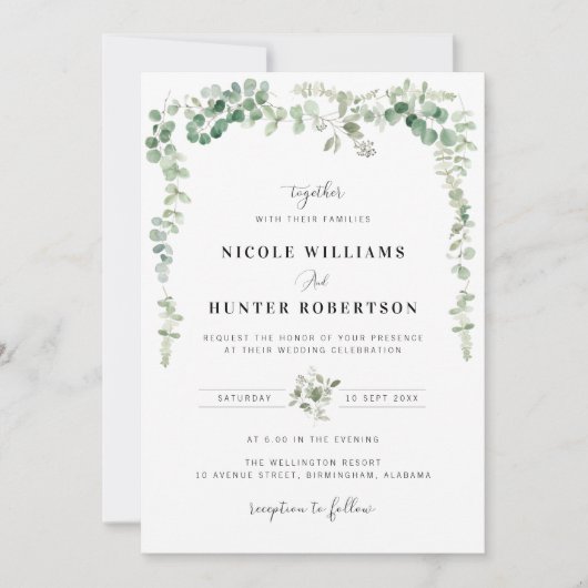 Grüne Aquarellkirche Eukalyptus Einladung (Vorderseite)