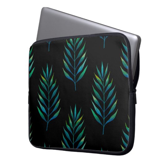 Grüne Aquarellpalme-Blätter auf schwarzem Hintergr Laptopschutzhülle (Vorderseite Links)