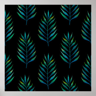 Grüne Aquarellpalme-Blätter auf schwarzem Hintergr Poster