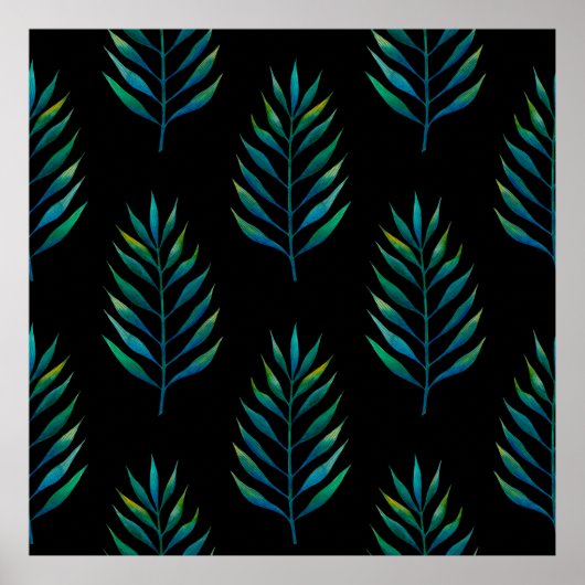 Grüne Aquarellpalme-Blätter auf schwarzem Hintergr Poster (Vorne)