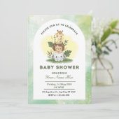 Grüne Aquarelltiere Baby Shower Boy Einladung (Stehend Vorderseite)