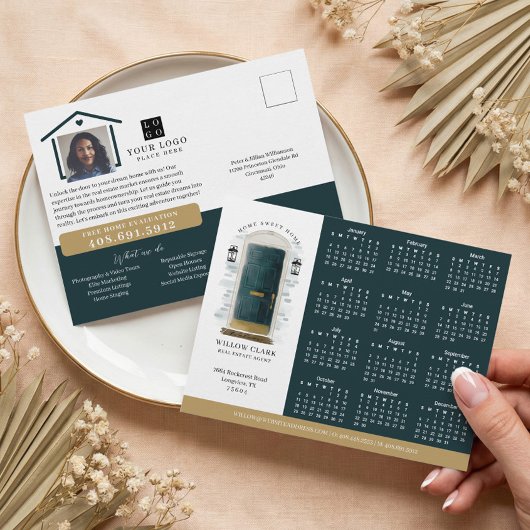 Grüne Aquarelltür Anwesen Kalender 2024 Postkarte