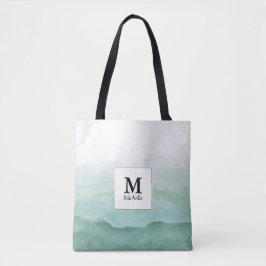 Grüne Aquarellwellen Monogram Tote Bag Tasche