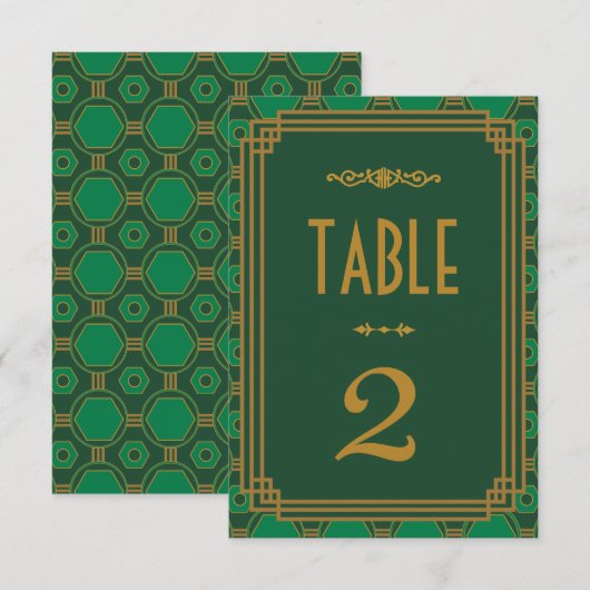 Grüne Art Deco Hochzeitstischnummern Einladung (Vorne/Hinten)