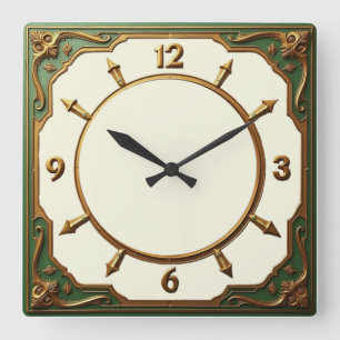 Grüne Art Deco Quadratische Wanduhr