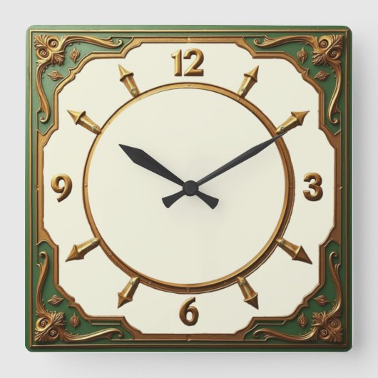 Grüne Art Deco Quadratische Wanduhr (Vorderseite)