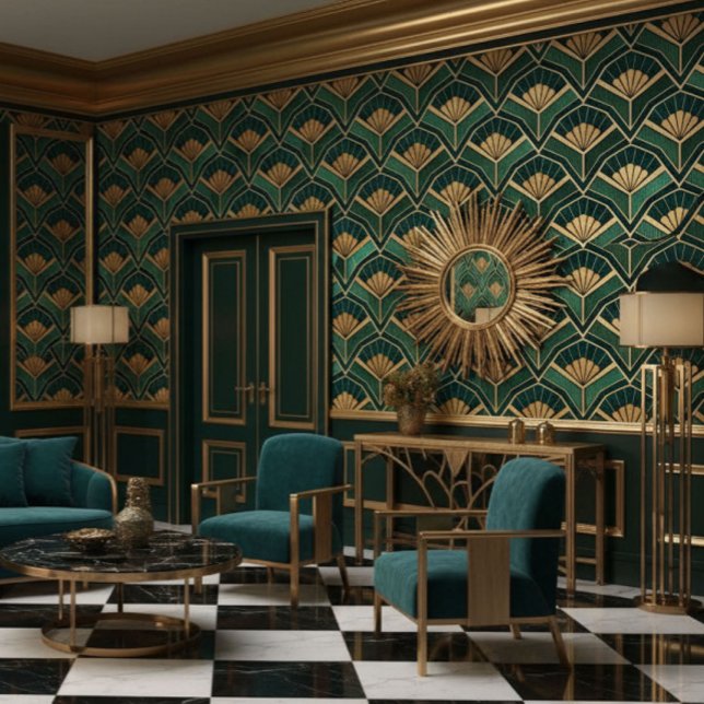 Grüne Art Deco Ventilatoren in Gold Tapete (Von Creator hochgeladen)