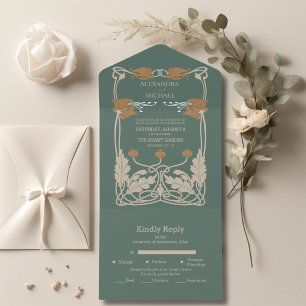 Grüne Art Nouveau-Hochzeit All In One Einladung