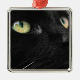 Grüne Augen - schwarze Katze Silbernes Ornament