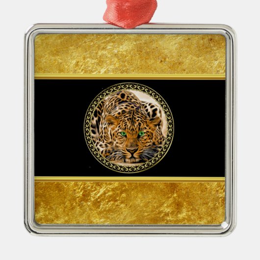 Grüne Augenleoparde mit Gepunkteter Goldfolie Ornament Aus Metall (Vorne)